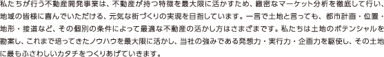 私たちが行う不動産開発事業は、不動産が持つ特徴を最大限に活かすため、緻密なマーケット分析を徹底して行い、 地域の皆様に喜んでいただける、元気な街づくりの実現を目指しています。一言で土地と言っても、都市計画・位置・ 地形・接道など、その個別の条件によって最適な不動産の活かし方はさまざまです。私たちは土地のポテンシャルを 勘案し、これまで培ってきたノウハウを最大限に活かし、当社の強みである発想力・実行力・企画力を駆使し、その土地 に最もふさわしいカタチをつくりあげていきます。